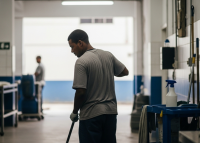 Há um homem de costas.Ele veste luvas e uniforme cinza e está passando um mop no chão. 