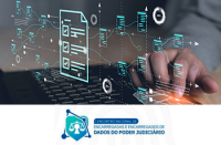 A imagem mostra uma mão interagindo com um teclado enquanto elementos gráficos digitais flutuam sobrepostos, representando fluxos de dados, segurança da informação e processamento tecnológico. Na parte inferior, aparece o logotipo do I Encontro Nacional de Encarregadas e Encarregados de Dados do Poder Judiciário.