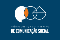 Foto com fundo azul-escuro e o nome Prêmio Justiça do Trabalho de Comunicação Social escrito em letras azuis e brancas