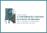 Card com fundo branco e bordas em tom azul-esverdeado. À esquerda, há uma ilustração minimalista do jurista Pontes de Miranda, com traços simples em preto e áreas preenchidas em azul e cinza. À direita da ilustração, está o título do evento: “Simpósio sobre a Contribuição Literária de Pontes de Miranda para a formação do pensamento jurídico brasileiro e mundial”, com parte do texto em destaque na cor azul-esverdeada.