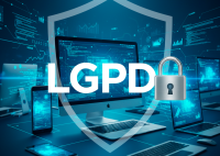 Logo com fundo azul escuro e clao com sigla LGPD escrita em letas brancas e um cadeado prata ao lado
