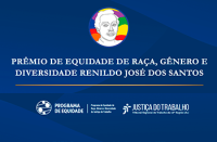 Foto de fundo azul escuro com a frase Prêmio de Equidade de Raça, Gênero e Diversidade Renildo José dos Santos escrita em letras brancas ao centro.