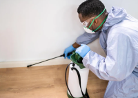 Há um homem agaichado usando equipamentos de segurnaça. Ele segura um recipeinte para fazer serviço de dedetização.