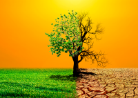 Card de fundo amarelo. com um árvore no centro da imagem. De um lado a árvore está verde e do outro seco, bem como o solo do mesmo jeito, ou seja, visoço e seco.