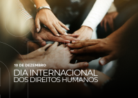 várias mãos de pessoas diferentes unidas ao centro, simbolizando apoio, união e diversidade. Na parte inferior, em letras brancas, lê-se: “10 de dezembro – Dia Internacional dos Direitos Humanos”. O fundo é escuro e suave, destacando as mãos e o texto.