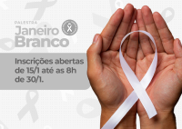 Card de fundo branco, com  letras na cor cinza claro e escuro. No lado direito há maão com um laço de fitas na cor branca.