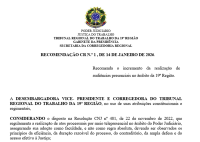 Foto de uma Recomendação escrita em papel branco e letras pretas, na parte de cima, centralizado, há um brasão da justiça com as cores da bendeira do Brasil