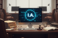 Foto de um computado ao centro de um birô com as letras IA ao centro; ao fundo dois computadores em destaque e duas poltronas