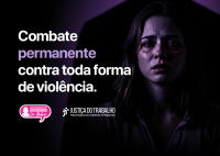 Card de fundo escuro. No lado direito há letras nas cores branco e lilás. No lado esquerdo há uma face de mulher. Já nas base do carde há duas logomarcas.