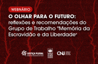 Foto com fundo vermelho escuro e o nome  olhar para o futuro escrito em letras brancas ao centro na parte superior