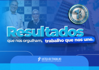 Banner institucional em tons de azul celebra “1 ano de gestão” do Tribunal Regional do Trabalho da 19ª Região (AL). A arte traz, ao fundo, imagem do prédio do Tribunal e foto da presidência, com destaque para a frase “Obrigado por fazer parte dessa trajetória” e o complemento “Resultados que nos orgulham. Trabalho que nos une.” À direita, há um selo comemorativo de 1 ano, e na base aparece a marca da Justiça do Trabalho.