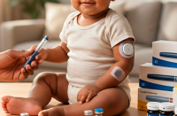 Foto de um bebê moreno sentado  com dois aparelhos de medição de glicose no braço esquerdo. A imagem do bebê só aparece do nariz abaixo.