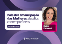 Card de fundo lilás. Há no lado direito um box branco com informações de uma palaestra. Já no lado esquerdo há a foto de uma mulher branca de cabelos claros encaracolados. Ela veste roupa pink.