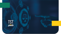 Imagem com fundo azul escuro e elementos tecnológicos. À esquerda, aparece o texto “TST Juris”. No centro, há um ícone de balança da justiça dentro de um círculo digital, cercado por outros ícones menores. À direita, uma mão estendida aponta em direção aos elementos digitais. A composição remete à tecnologia aplicada ao direito.
