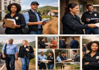 Montagem com seis fotos de oficiais de justiça em atuação. Homens e mulheres, usando coletes de identificação, aparecem entregando documentos a cidadãos, conversando e caminhando em áreas urbanas e residenciais. As cenas transmitem atividade profissional, contato direto com o público e trabalho em equipe.