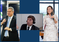 montagem de fotos de dois homems de terno escuro e uma mulher de vestido branco