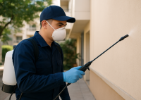 Foto de um homem usando camisa azul marinho e boné azul marinho aplicando dedetização em uma parede segurando um jato fino preto com a mão direita