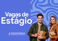 Um rapaz e uma moça jovens com livros na mão e a frase branca com as palavras Vagas de Estágio