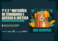 Card com fundo escuro com ilustração de caixas de doação contendo roupas, alimentos e itens de ajuda.  Texto principal: “Mutirão de Cidadania e Acesso à Justiça.