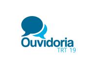 Imagem com fundo branco e, ao centro, o nome ouvidoria trt 19 escrito em letras azuis