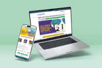 Mockup de um notebook e um smartphone exibindo o site da Justiça do Trabalho, com destaque para uma campanha sobre o combate ao trabalho infantil. Os dispositivos aparecem sobre um fundo verde-claro.