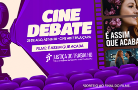 Card de fundo lilás. Há uma máquina de projetando um facho também lilás. No centro da imagem há escrito Cine Debate. Há também na imagem cadeiras de cinema
